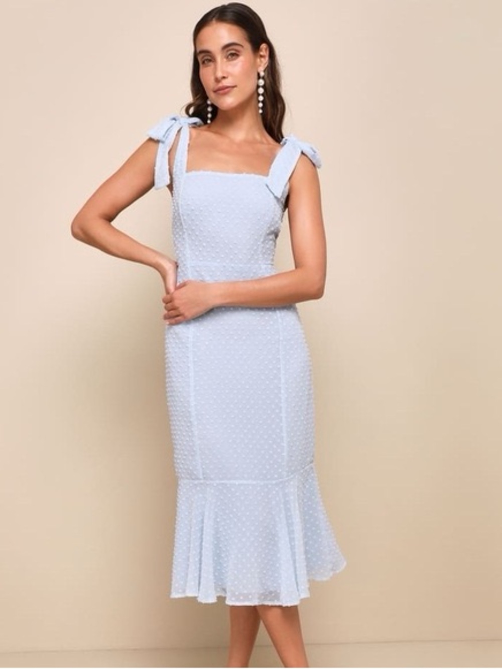 Lulu’s Periwinkle Blue Tie-Shoulder Swiss Dot Midi Dress